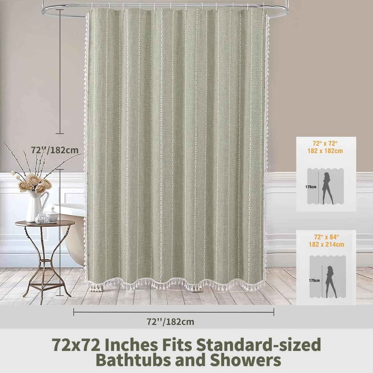 Colorigan Boho Farmhouse Shower Curtain - Linen Rustic Heavy Duty Fabric Shower Curtain Set with Tassel, Water Repellent Cloth, Modern Bohemian Chic Country Bathroom Shower Curtains