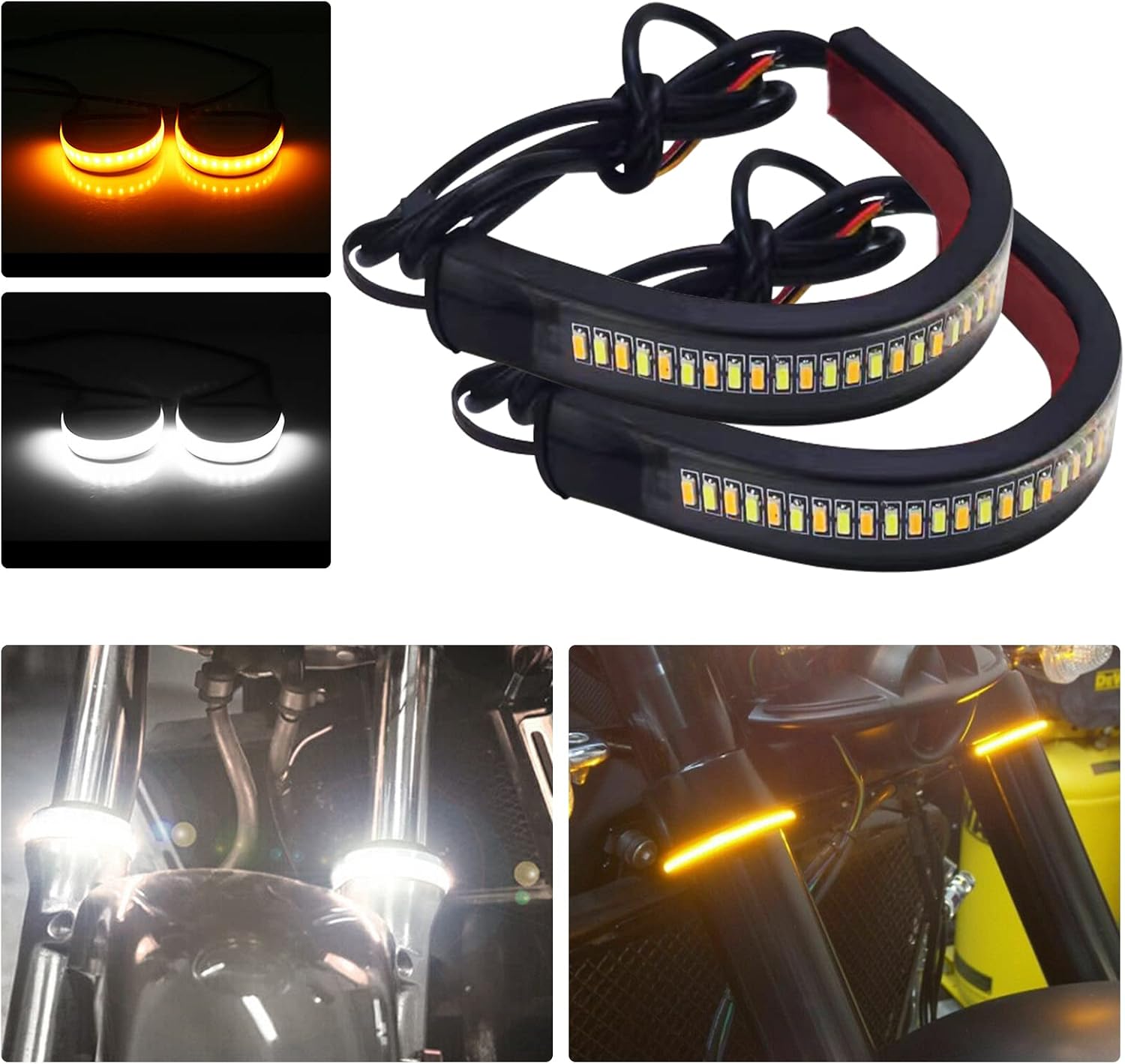 ‎2PCS Motorcycle LED Turn Signal Light, Fork Turn Signal DRL Daytime Running Lights Flexible Switchback Dual-Color (White + Amber)