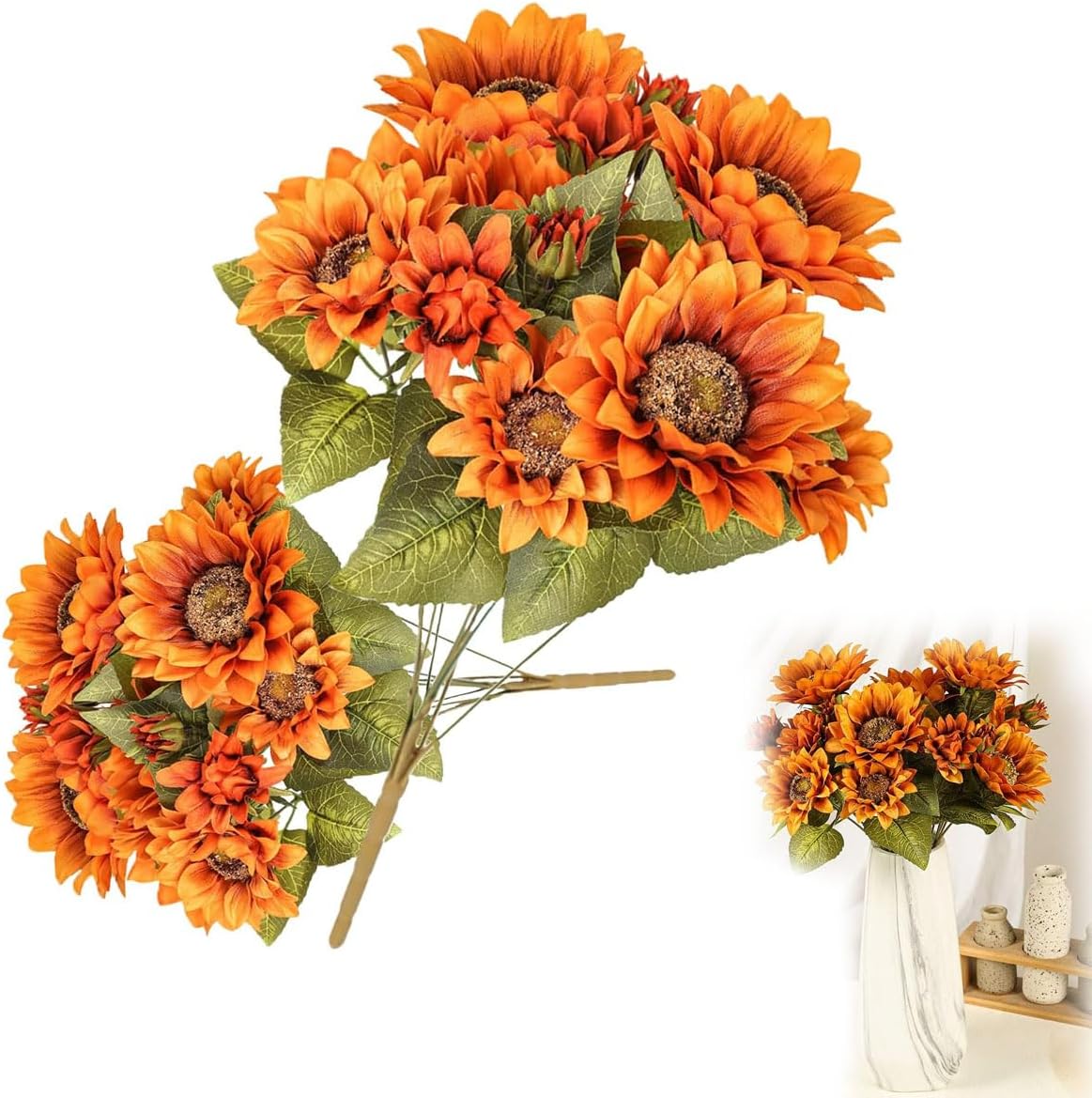 Azonee Sunflowers Artificial Flowers, 2 Pack Sunflower Autumn Flower for Decoration, 9 Floral Heads Faux Flowers Bunch for Home Decor-Vintage Yellow