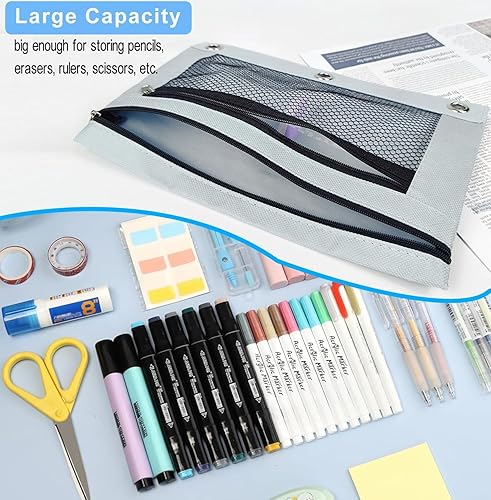 Miniatura 10 de Estuche para lápices para carpeta de 3 anillas, paquete de 2 bolsas con cremallera con doble capa, soporte de malla transparente para ventanas,