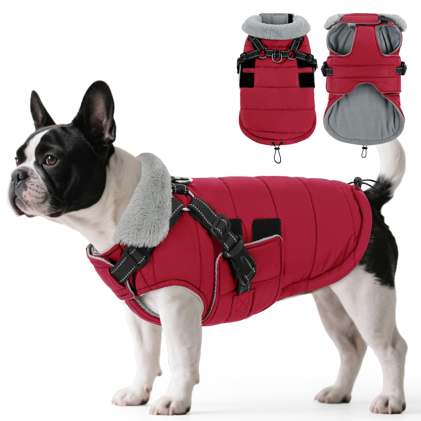 ASENKU Size M Medium Dog Waterproof Winter Coat with Integrated Harness – Warm Fleece Lined Reflective Jacket for Corgi French Bulldog Dachshund Spaniel, UK Daily Walks Rainy Hiking