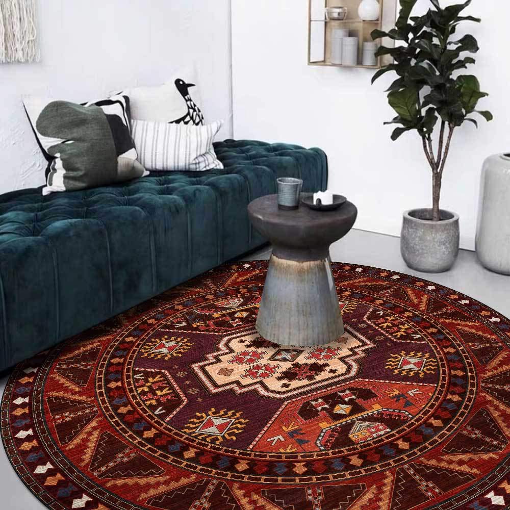 Grand tapis rond de salon au fini poil ras doux et graphisme ethnique chic