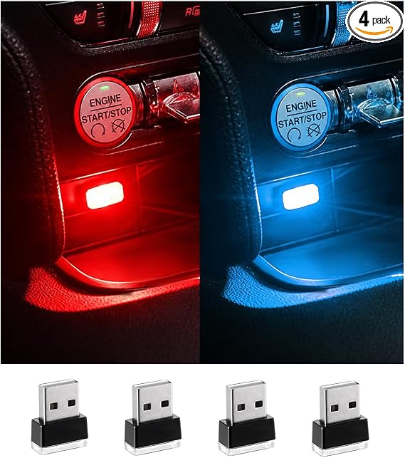 Augeny 4 PCS USB LED Car Interior Atmosphere Lamp, Plug-in USB Decor Night Light, Portable Auto Ambient Lighting Kit, Universal Vehicle Interior Accessories for Most Cars (2 Red+2 Ice Blue)