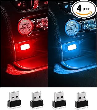 Augeny 4 PCS USB LED Car Interior Atmosphere Lamp, Plug-in USB Decor Night Light, Portable Auto Ambient Lighting Kit, Universal Vehicle Interior Accessories for Most Cars (2 Red+2 Ice Blue)