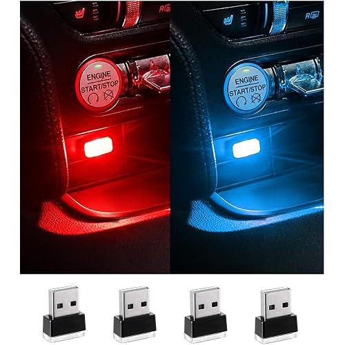Augeny 4 PCS USB LED Car Interior Atmosphere Lamp, Plug-in USB Decor Night Light, Portable Auto Ambient Lighting Kit, Universal Vehicle Interior Accessories for Most Cars (2 Red+2 Ice Blue)