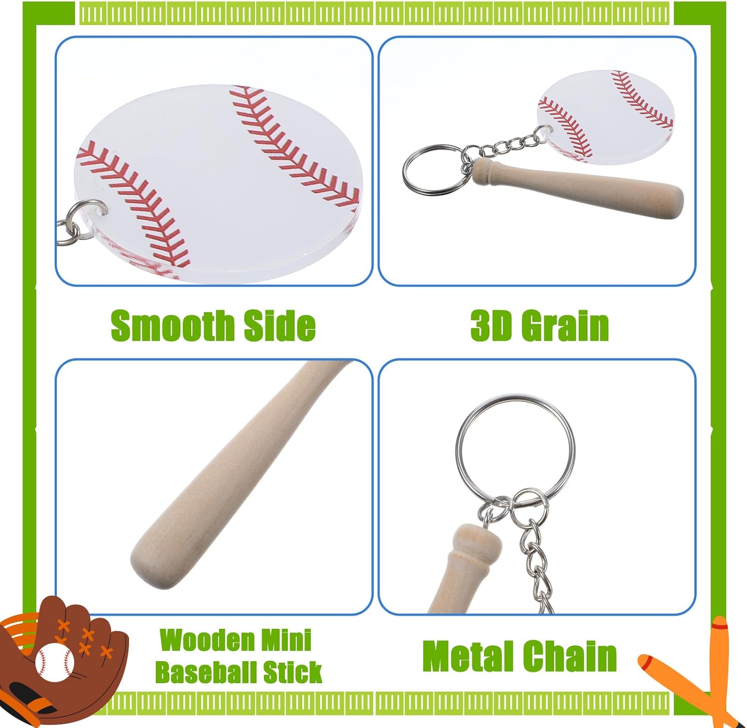 36 Pcs Baseball Acrylic Keychain Bulk, 7 Inch Large White Sublimation Blanks with Mini Bats, DIY Sports Party Favors Craft Kit