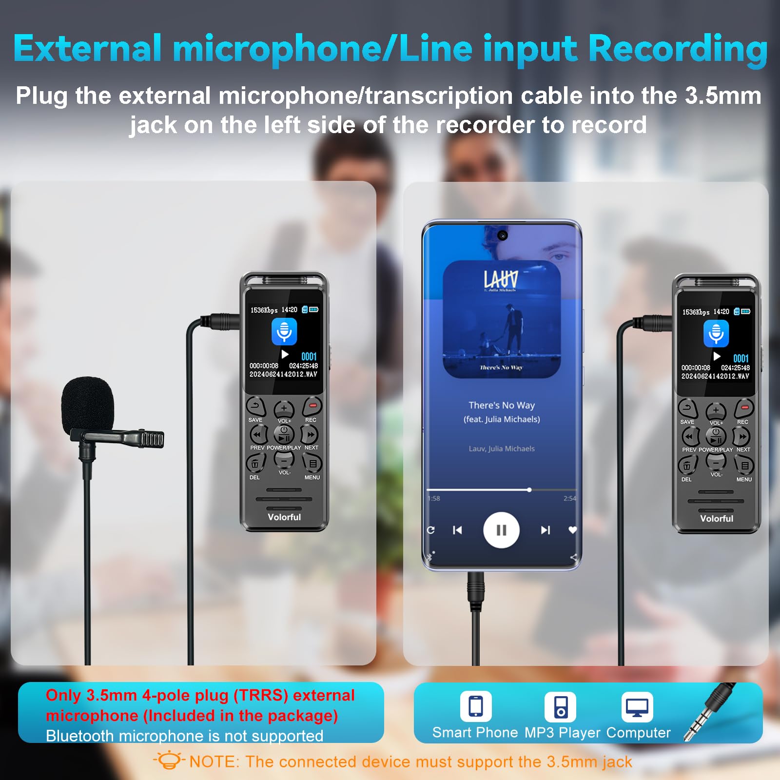 48GB 70H Dictaphone Enregistreur Vocal Numérique, Volorful 1,44" Écran Couleur Enregistreur Audio avec Microphone Externe/Activation Vocale, USB-C Enregistreur de Voix pour Réunions Entretiens Classe