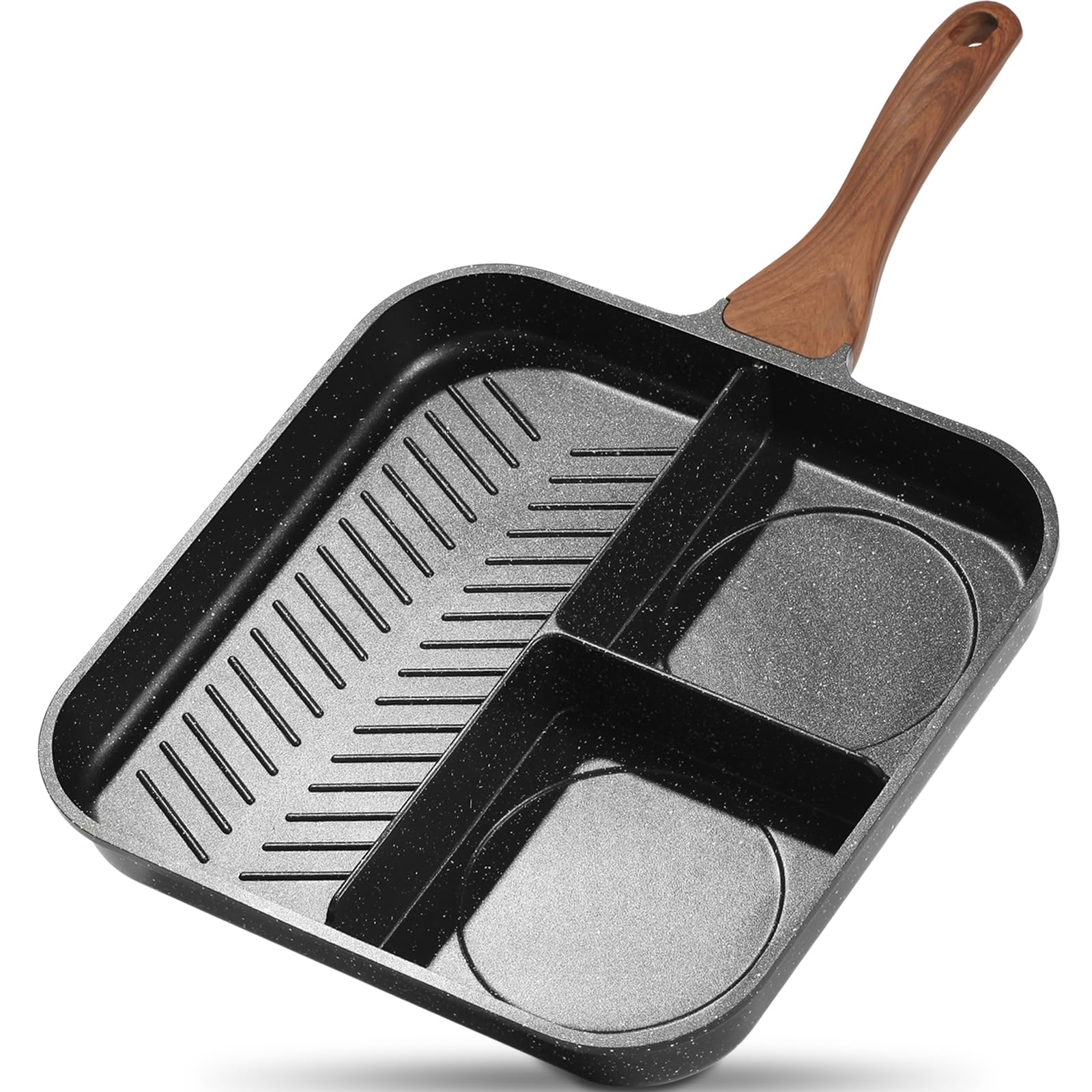 ESLITE LIFE 11 Inch Nonstick Divided Grill Pan for Indoor Cooking, Versatile 3-In-1 Induction Large Breakfast Pan for Stove Tops, PTFE & PFOA Free, Black