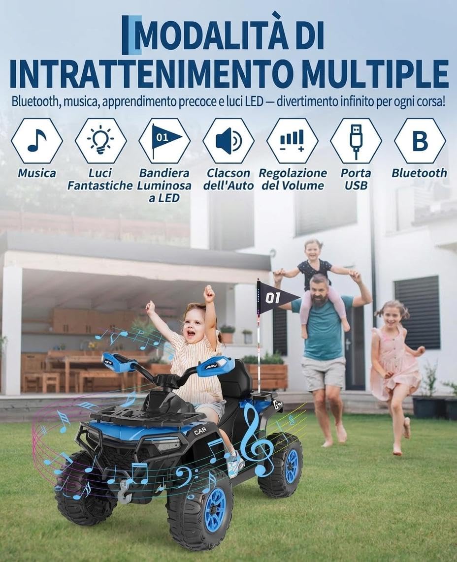 Elektro Quad Für Kinder 12V, Kinder Elektroauto Mit LED-Lichtern & Musik, USB & Wireless Verbindung, 3 Km/h Sicherheitsgeschwindigkeit, Wiederaufladbare Batterie, Für 3-8 Jahre, Blau