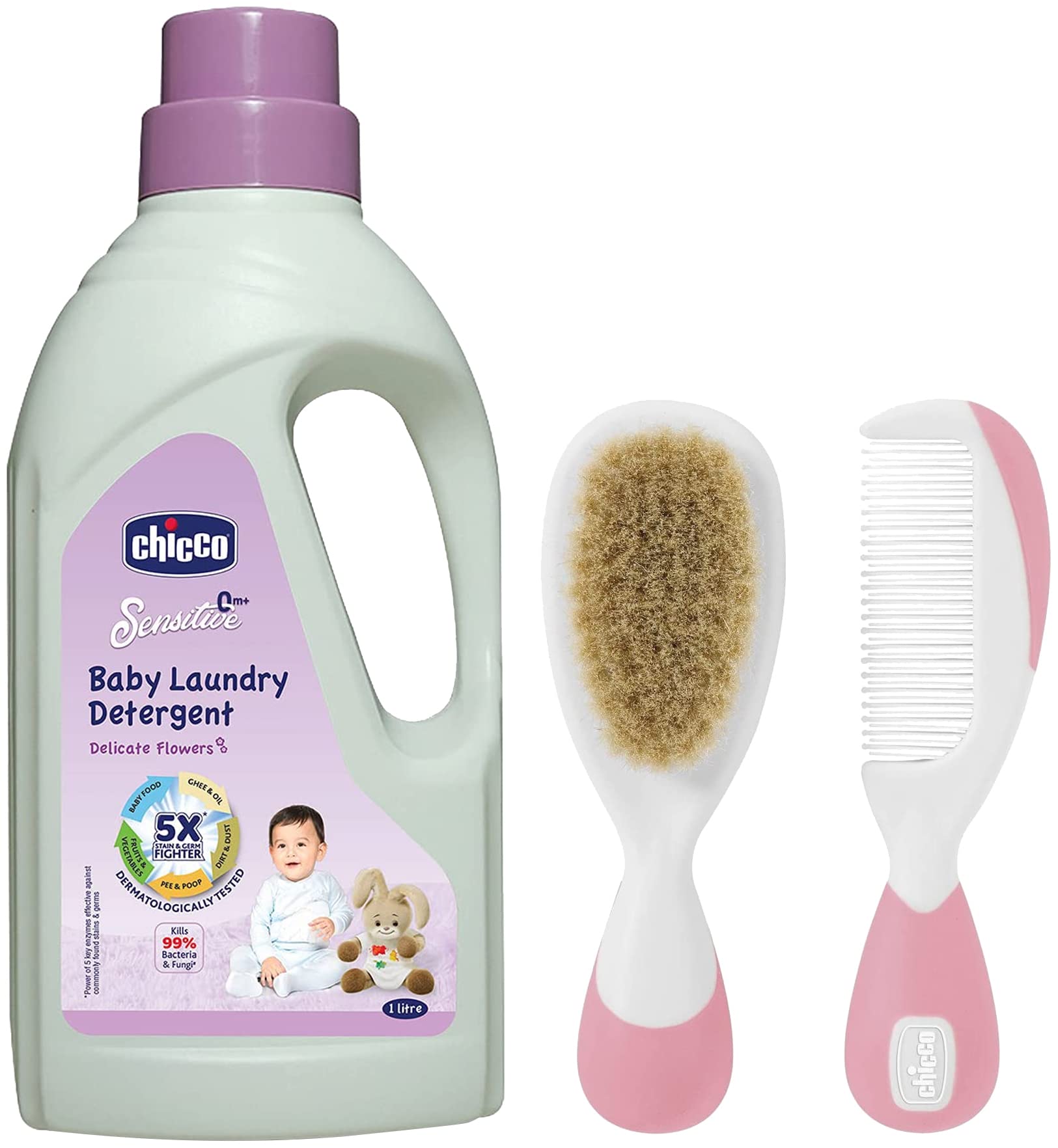 Chicco Baby Liquid Laundry Detergent, 5X Stain & Germ Fighter, Kills 99% of Germs & Gentle Cleaning, Delicate FLowers (1 L) & Brush and Comb- Pink, 2 Piece-image-46