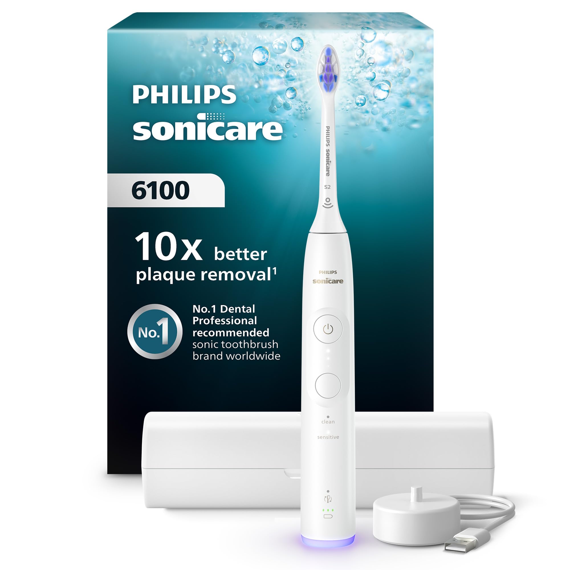 Philips Sonicare 6100 Şarjlı Diş Fırçası, 21 Gün Şarj, 10 kat plak temizliği, Işıklı basınç sensörü, Ektra nazik, 6 mod, Seyahat Kabı, Beyaz, HX7400/06