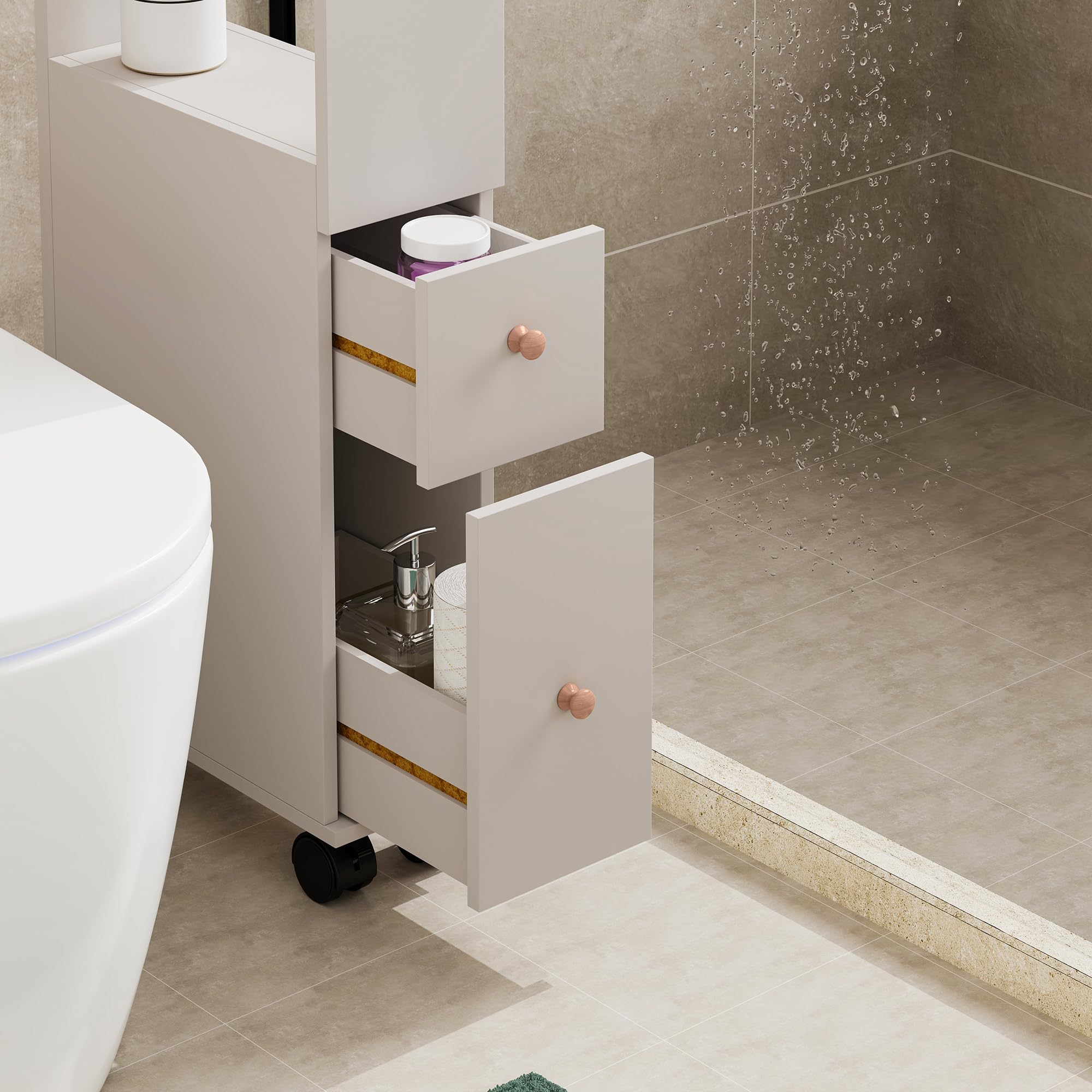 [en.casa] Armario Rodante Delgado Broreynna con Cajones y 1 Compartimento Abierto Carrito Auxiliar con Ruedas Mueble Baño de 3 Niveles Carro de Almacenamiento Cocina 66 x 15 x 33 cm - Color Arena