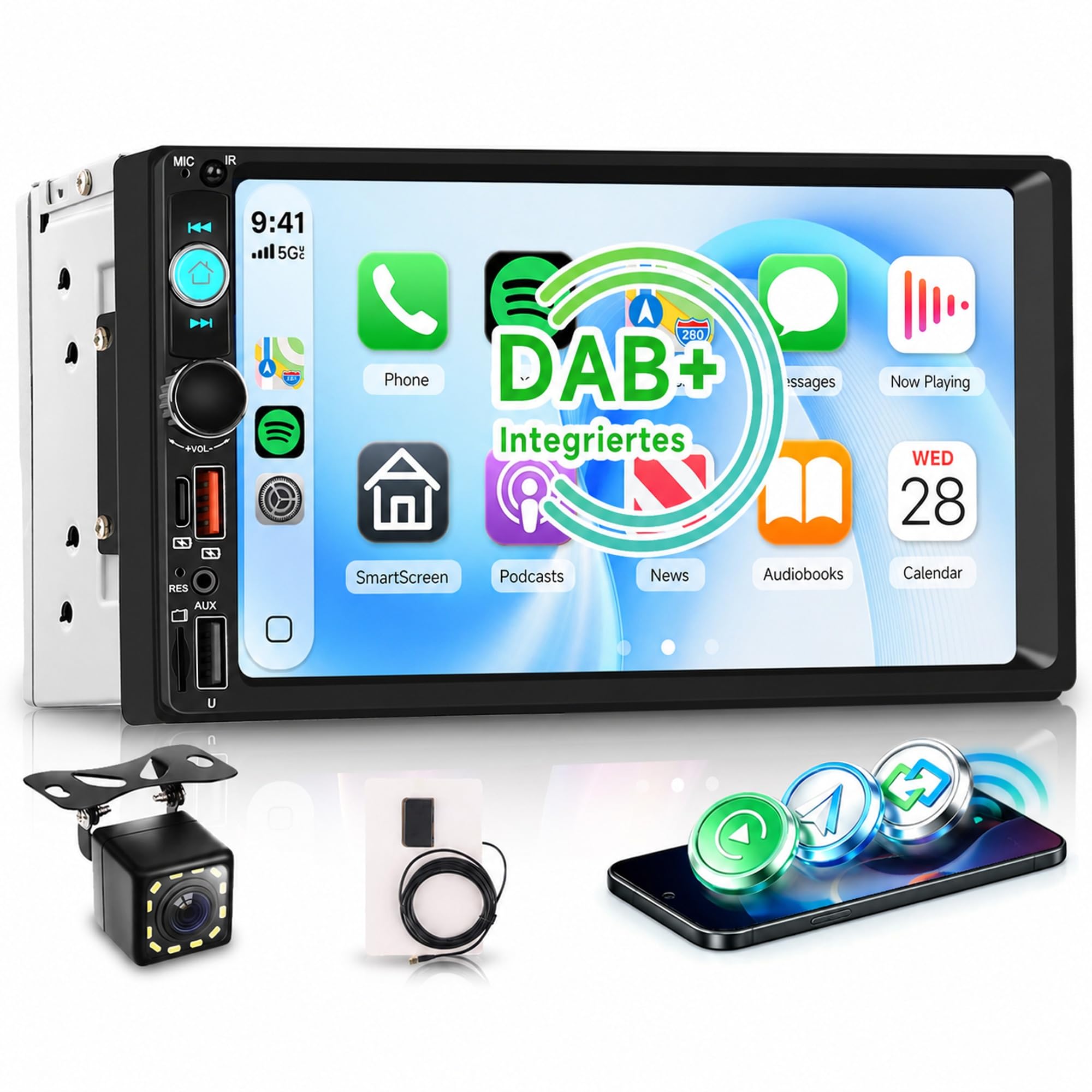 Rimoody DAB/DAB+ Doppel-DIN-Autoradio mit kabellosem Carplay Android Auto Mirror Link, 7-Zoll-IPS-Touchscreen, 2-DIN-Autoradio mit Bluetooth, FM/RDS EQ, 4×45W, USB/AUX Lenkradsteuerung Rückfahrkamera