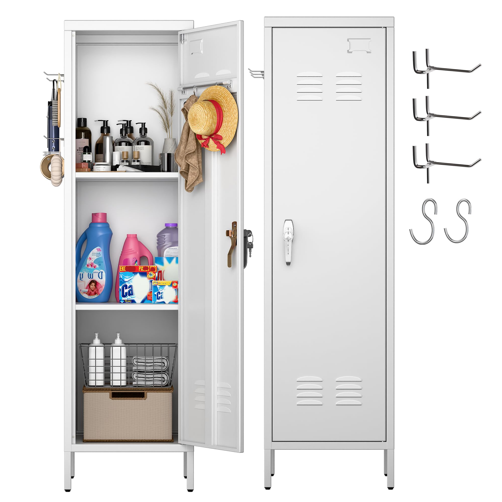 Aobabo Metal Locker, 54" H Metal Storage Locker for Employees, Lockable 1 Door with Towel Rack and 2 Side Pegboards with Hooks for School Office Gym Home, Assembly Required (White)