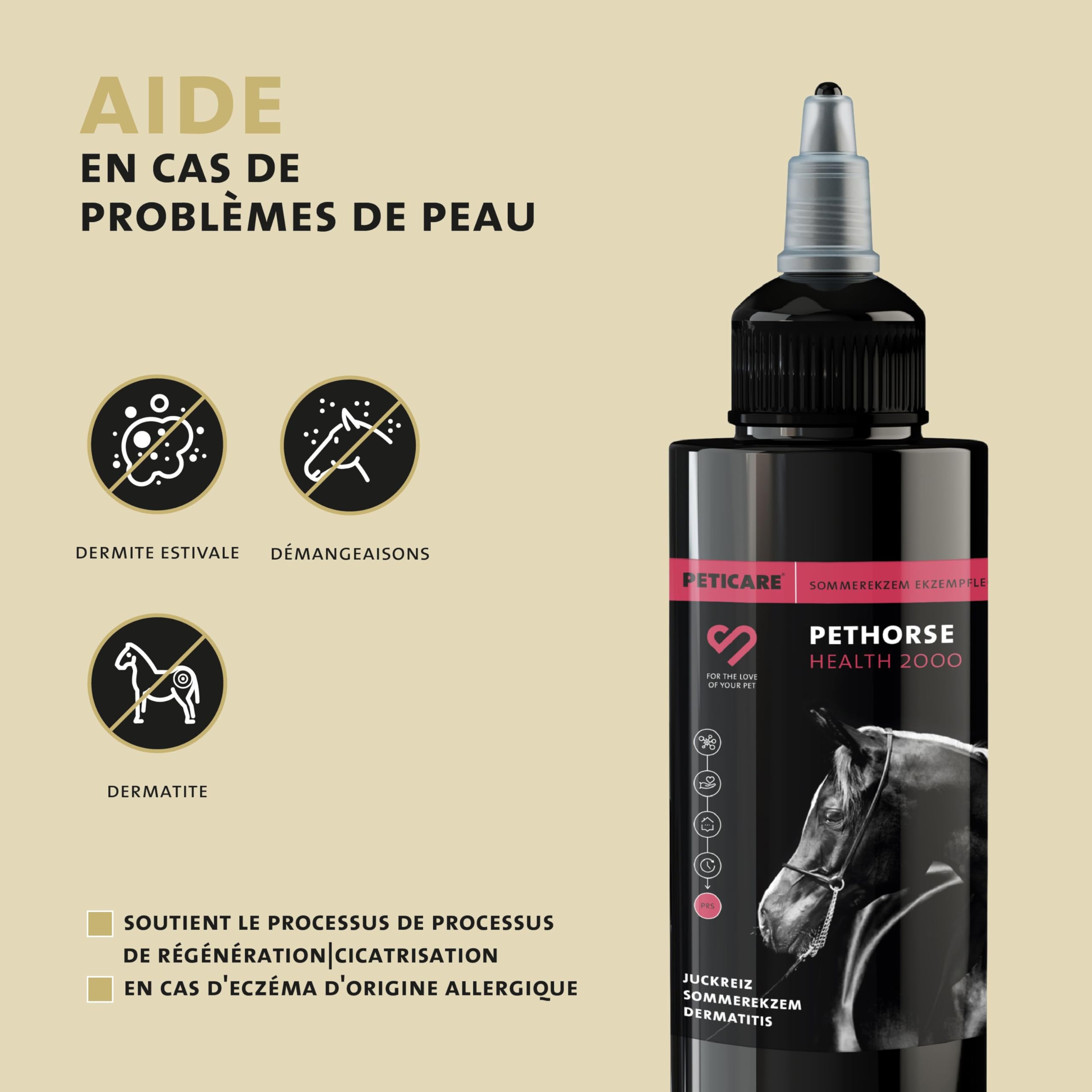 Peticare Soin Spécial pour Chevaux | pour eczéma Estival, dermatite et démangeaisons | Favorise la régénération de la Peau avec Le système PRS® à libération prolongée – petHorse Health 2000