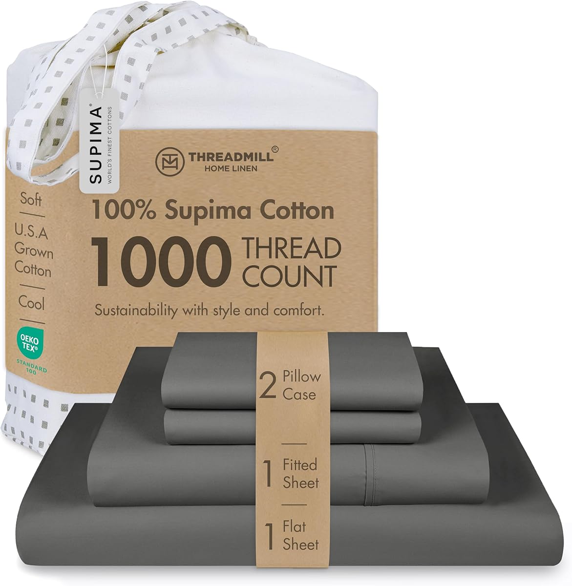 Threadmill Certified 100% American Supima Cotton Sheets, Queen Sheet Set, 1000 Thread Count, 4 Piece Luxury Bedding Set, Hotel Quality Sateen Weave, Dark Grey BedSheet with Elasticized Deep Pocket