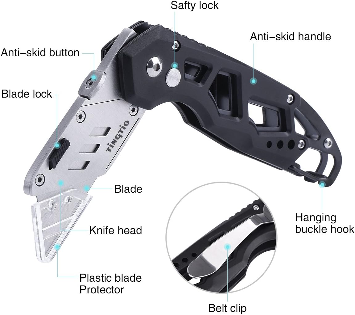 Box Cutter Knife Tingtio Box Knife Heavy Duty Folding Box Cutter with 13 pcs Replacement Blades Belt Clip Black
