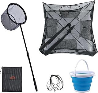 Fishing Bait Trap Collapsible Fish Bucket Kids Net Lightweight Aluminum Pole Non-Slip Handle Catch Small Fish Crab Crawfish Cage Casting Net Dip Cage 4 Hole Fishing Accessories