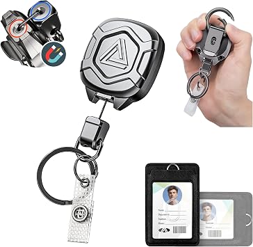 Azrra Heavy Duty Retractable Keychain - Magnetic ID Badge Reel with Horizontal & Vertical Badge Holder | Metal Badge Holder Retractable Clip Lanyard, Load up to 20oz