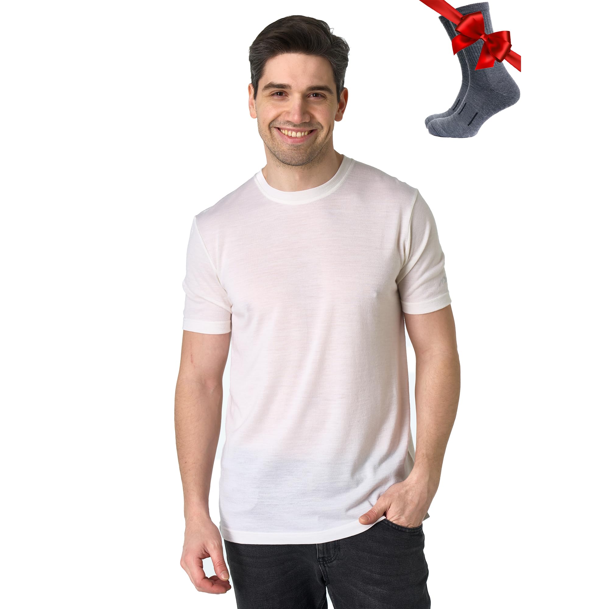 Merino.tech Maglietta Lana Merinos Uomo Manica Corta + Calzino | Maglietta termica da uomo, traspirante, antigraffio, in lana merino, ad asciugatura rapida, antiodore