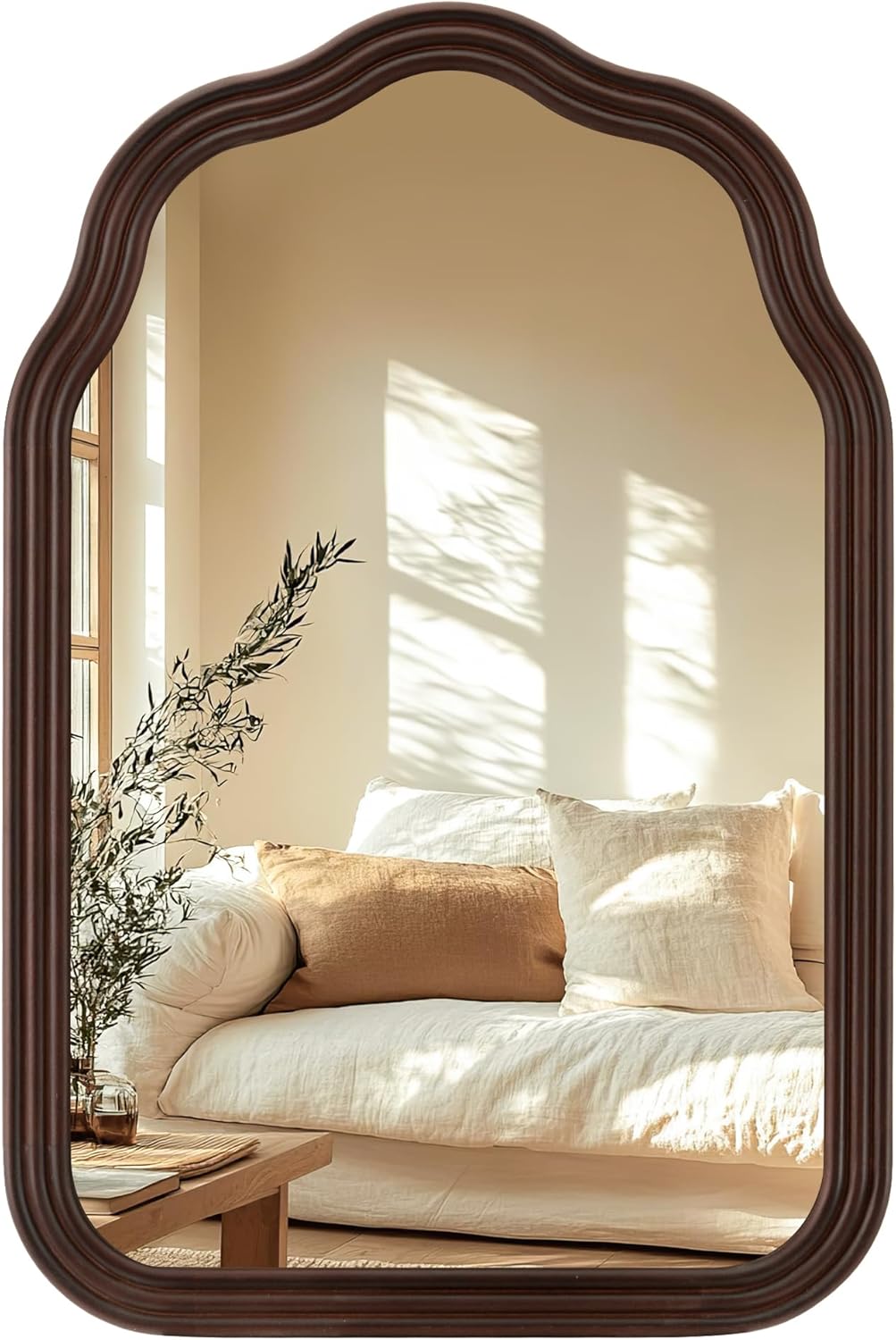 Tanmicoshomy Wood Arch Bathroom Mirror 24x36 Inch, Rustic Wavy Natural Wooden Framed Mirrors with Shatterproof Glass for Living Room, Bedroom or Entryway (Dark Brown)