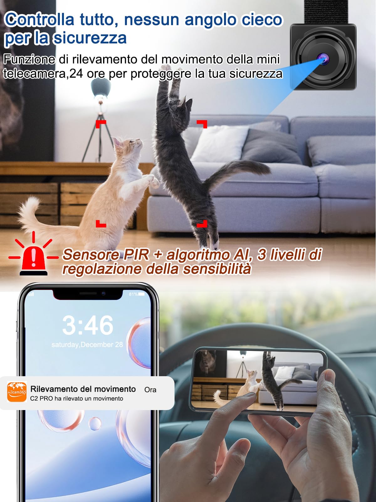 H+Y Mini Telecamera 1080P Dual-Mode, Wi-Fi 2.4GHz, Grandangolo e Protocollo RTSP. Supporta Foto, Registrazione Video e Allarme Rilevamento Movimento.