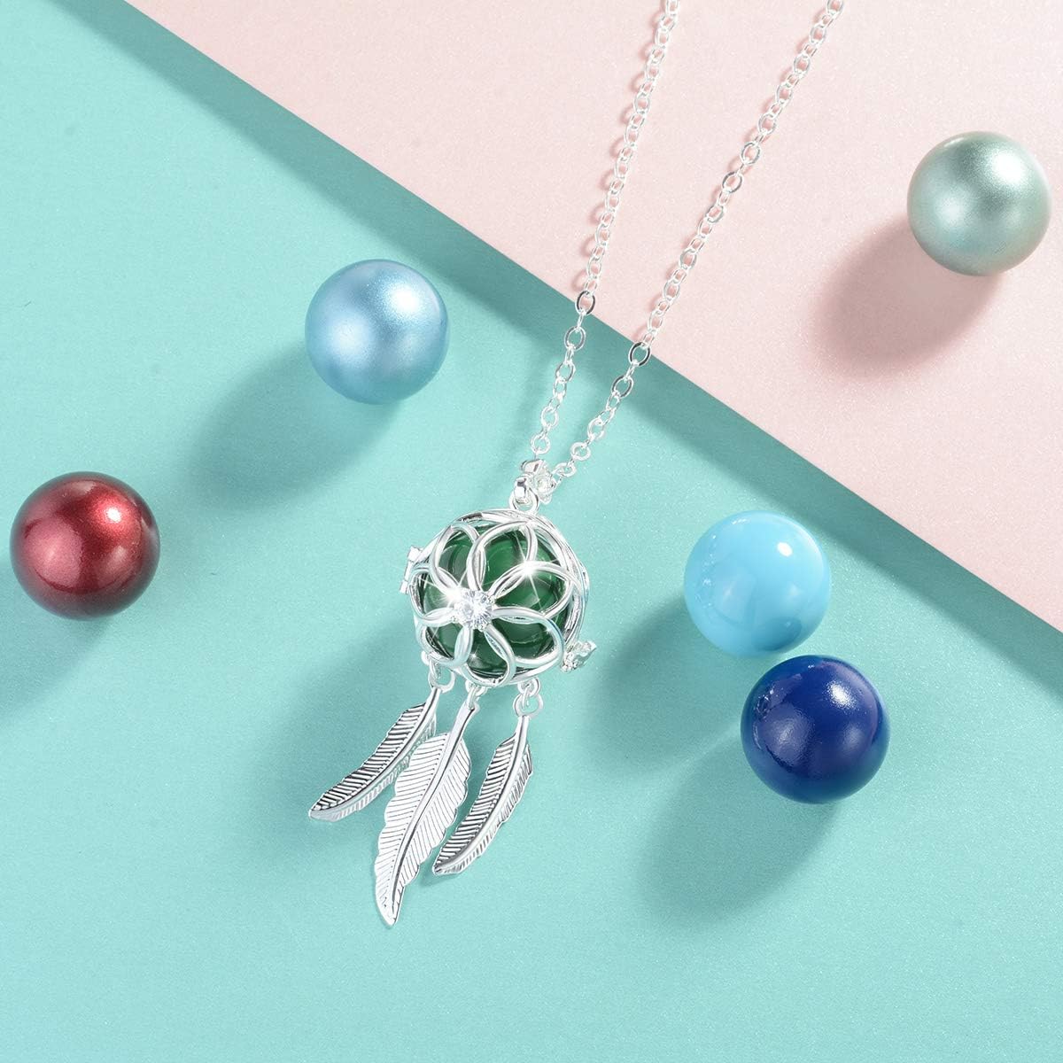 AEONSLOVE Good Luck Dream Catcher Feather Harmony Ball Necklace Angel Chime Bell 20 mm Mexican Bola Balls Pendant Necklace for Pregnant Women Maternity Mom to be, 30"/45'' Chain