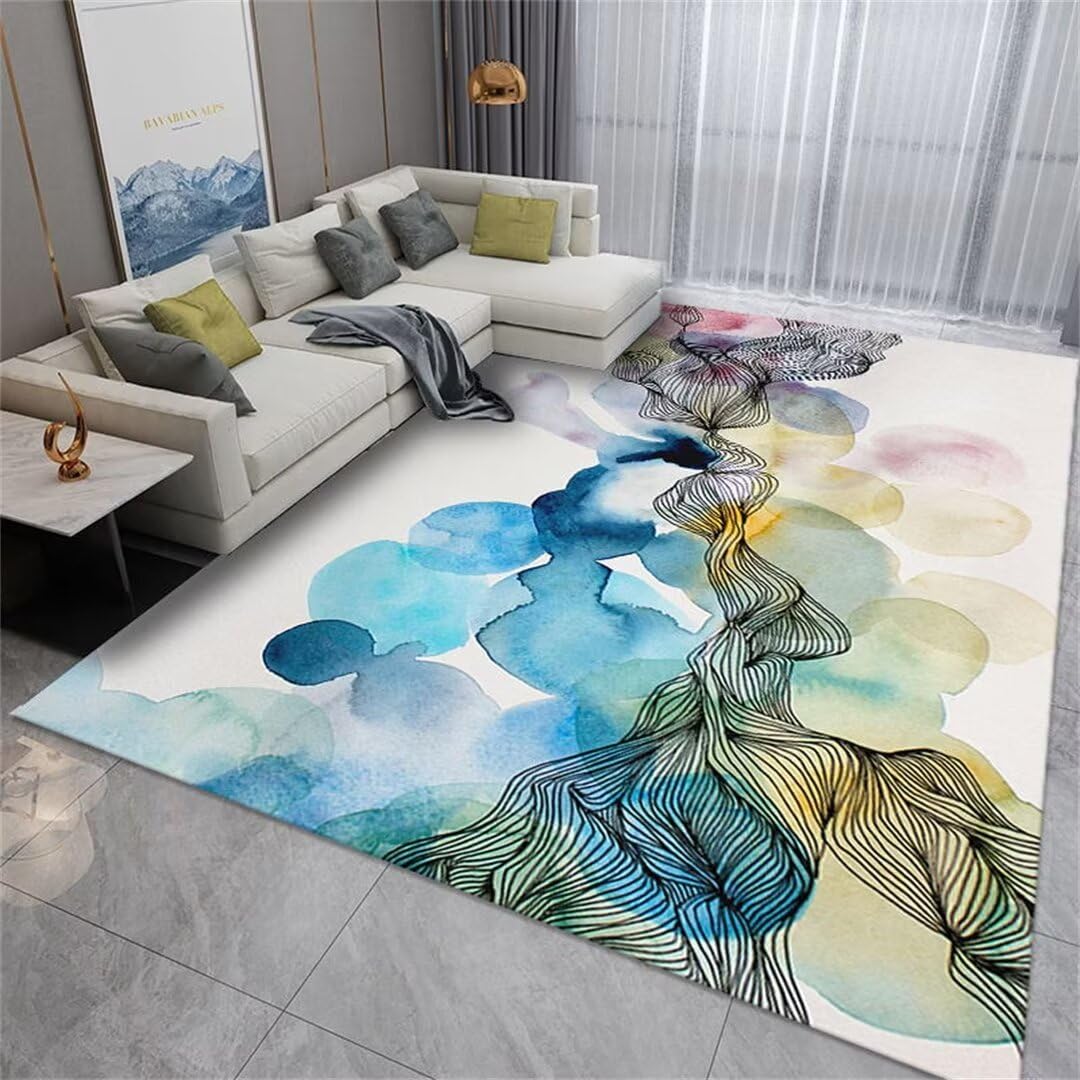 Tapis de salon bleu 140x200cm à motif rayé abstrait lavable pour chambre
