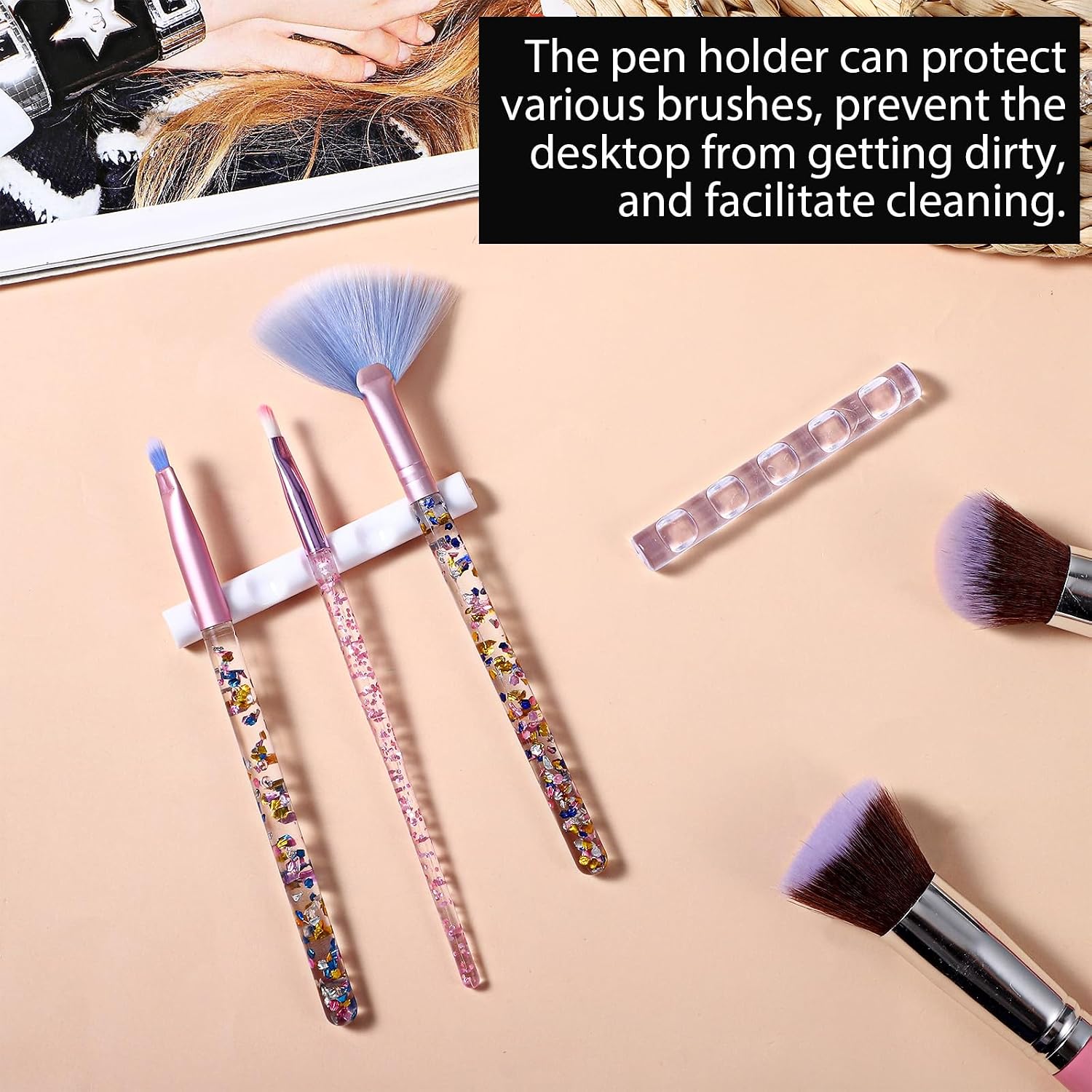 2 PCS Acrylic Nail Art Brush Holder Stand, Nail Brush Holder for Nails Tech, Crystal Bar Pen Holders for Drawing Pens, Manicure Nails Carving Pencils (White, Clear)
