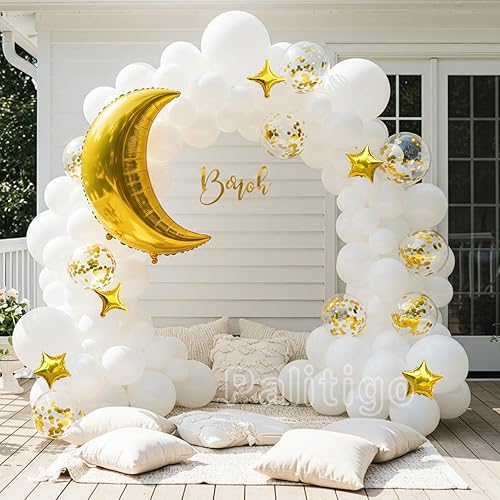 Miniatura 2 de Kit de guirnalda de globos blancos: 131 globos blancos con globos de luna y estrella, perfecto para decoraciones de baby shower de estrellas