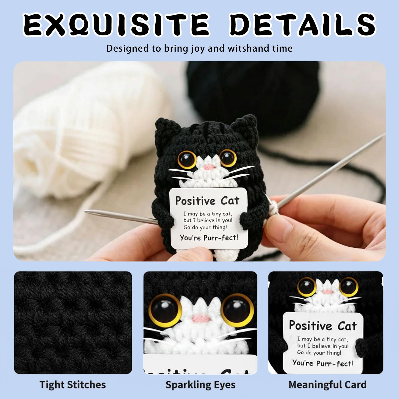 Positiva Gatto all'Uncinetto Portafortuna Fatto a Mano Confezione Regalo Nera