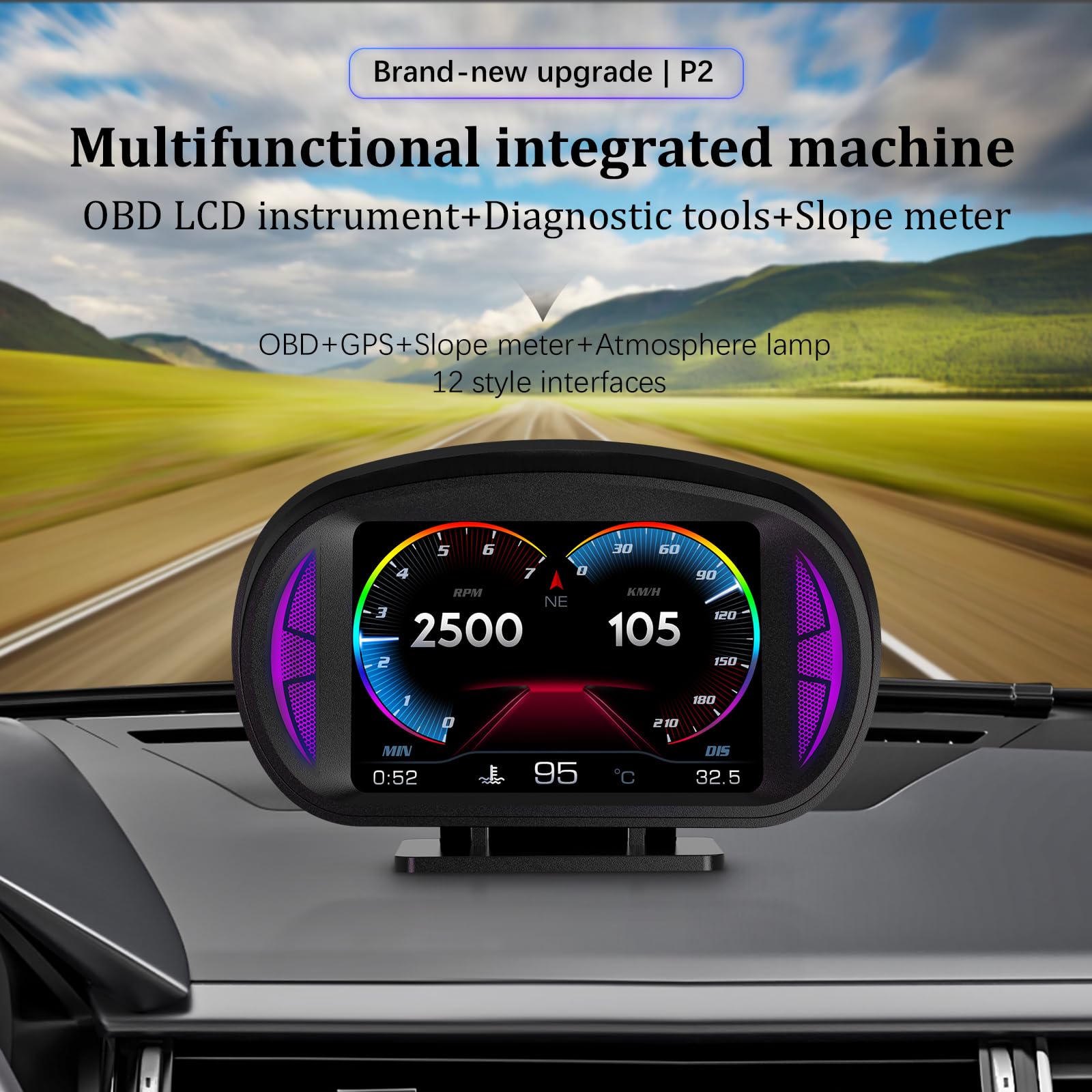 P2 HUD Pantalla de cabeza de coche, velocímetro inteligente GPS con advertencia de voltímetro de alarma de sobrevelocidad, HUD OBD2 Plus GPS sistema dual