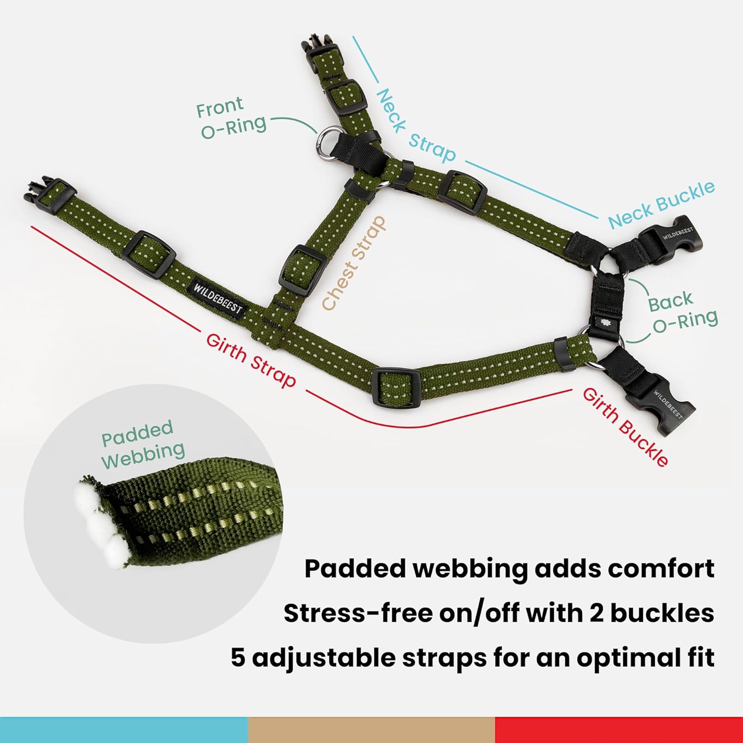 Wildebeest Valencia No Pull Dog Harness | Front and Back Leash Clips | Soft Padded Straps | Lightweight, Adjustable, Easy On/Off for Training and Dog Walking | Large Olive