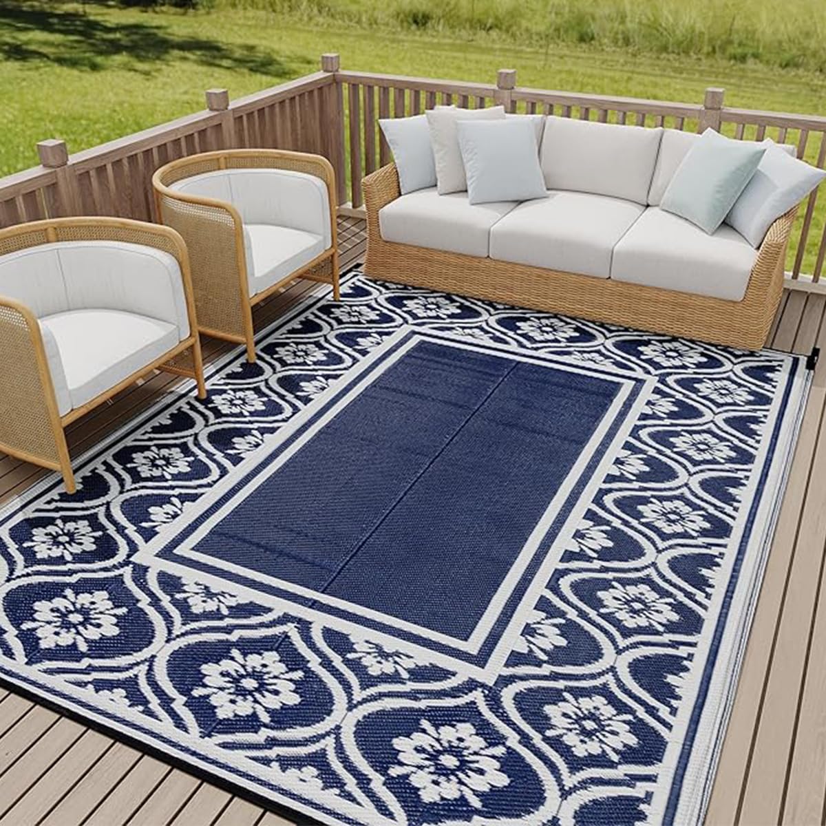 Hiseng Tapis d'extérieur Imperméable Terrasse Balcon, Motif Floral Géométrique Tapis de Sol Réversible en Plastique Résistant aux Intempéries aux UV pour Jardin, Camping (Bleu Marine,183x274cm)