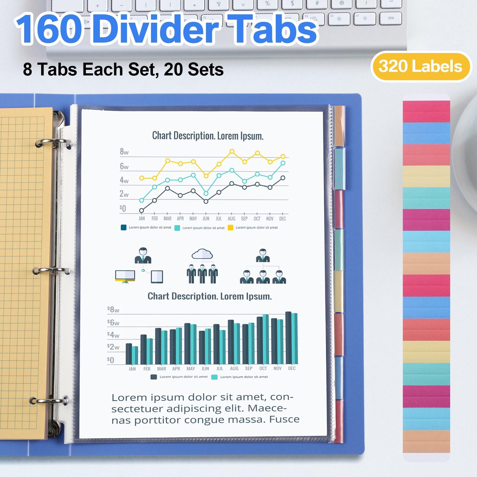 ReliThick 20 x 160 Stück Ordner-Trennblätter mit Registern, 8 Registerkarten für 3-Ringbuch, transparente Kunststoff-Trennblätter, Seitenschutz für 3-Ringbücher
