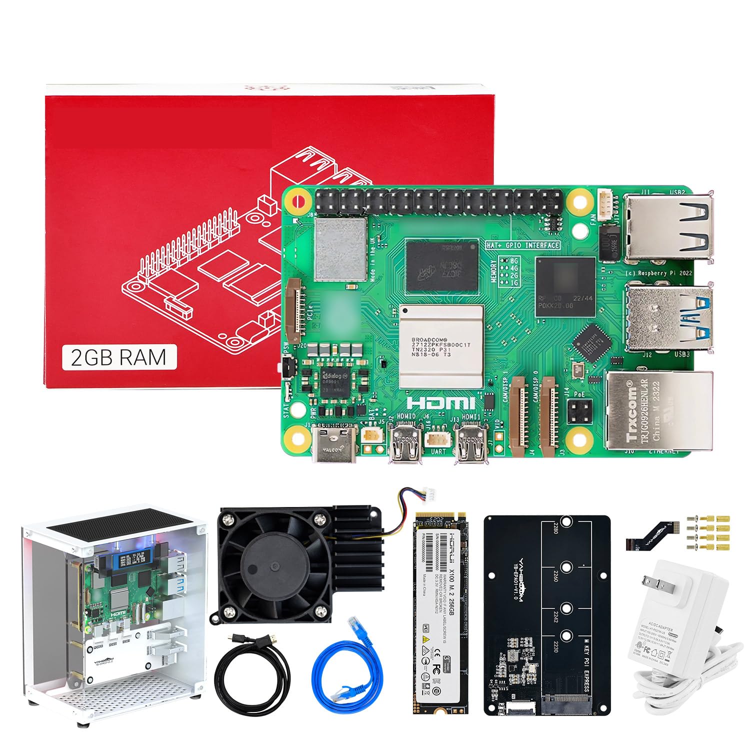 Yahboom Pi 5 2GB Development Board Starter Kit with 27W 5.1V/5A Power Adapter, 270° Panoramic Pi 5 Case, PCIE to M.2 Adapter, 256GB SSD, Cooler (Pi5 2GB, Cube Pi Case Kit)