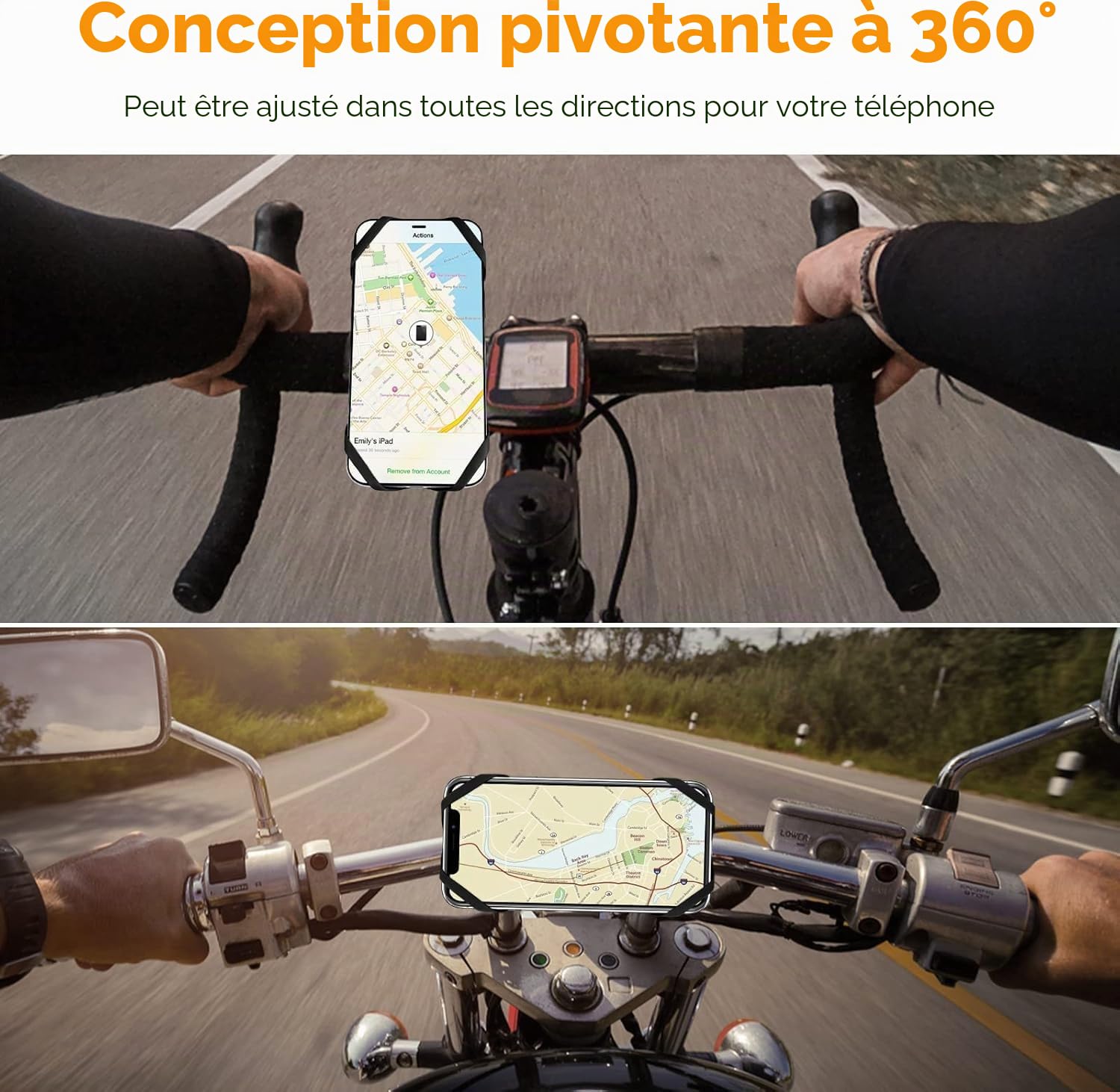 Uchwyt na telefon, Uniwersalny uchwyt na rower z Aktywną Amortyzacją Drgań, 360° obrotowy do MTB motocykl rower kompatybilny z iPhone 17/16/15/14/13/12/11/Pro Max, smartfon 4.5"-7.0" (czarny-4)