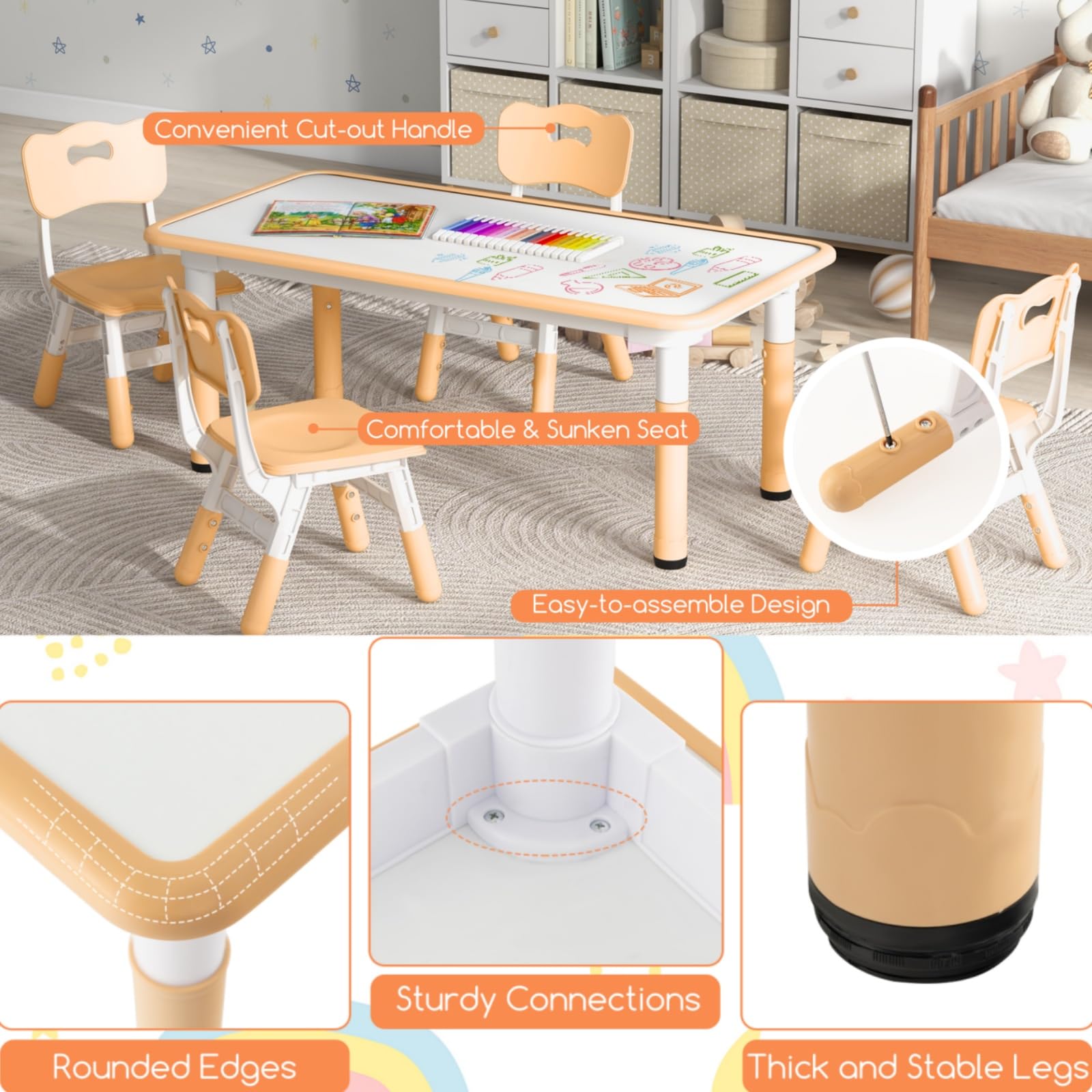 LIFEZEAL Mesa con 4 sillas para niños, Juego de Mesa y sillas Infantiles, Escritorio pintable, Altura Ajustable, Mesa para 18 Meses+, Conjunto de Asiento para guardería y jardín de Infancia (Natural)
