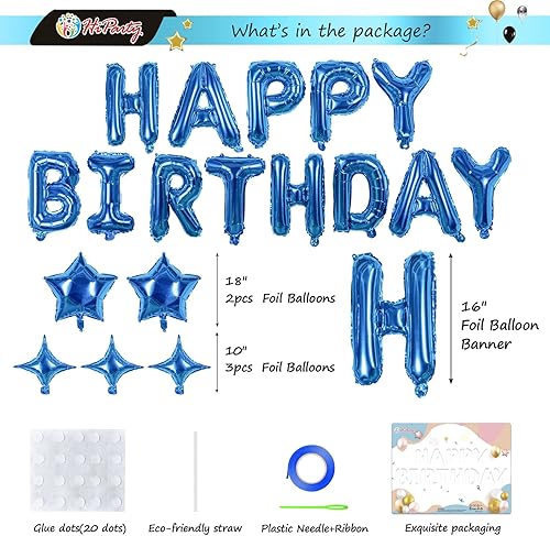 Miniatura 3 de 23 globos de cumpleaños, pancarta de papel de aluminio tereftalato de polietileno de alta calidad 3D azul con 5 globos de estrella para niños,