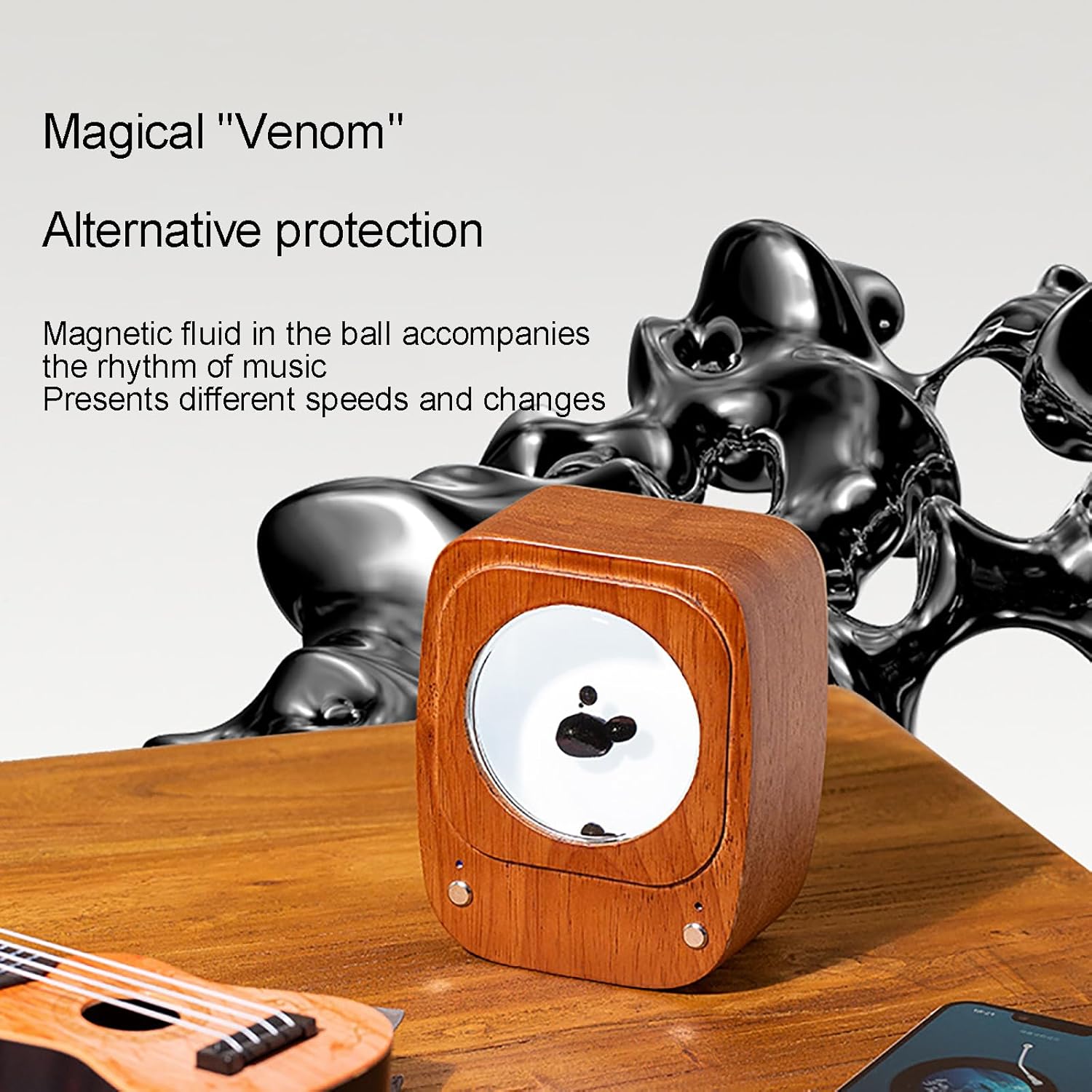 Ferrofluid Music Visualizer, Walnut-Colored Casing, Ferrofluid Speaker Music Mate, Symbiote in a Bottle, for Table, Bedroom, Office, Study, Science Gadget