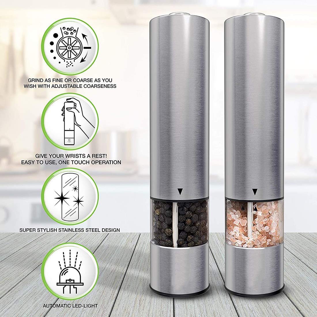 Moulins à sel et à Poivre électriques avec Commande Tactile Facile et Design élégant en Acier Inoxydable pour Clous de Girofle et mélanges d'épices 2 pièces.