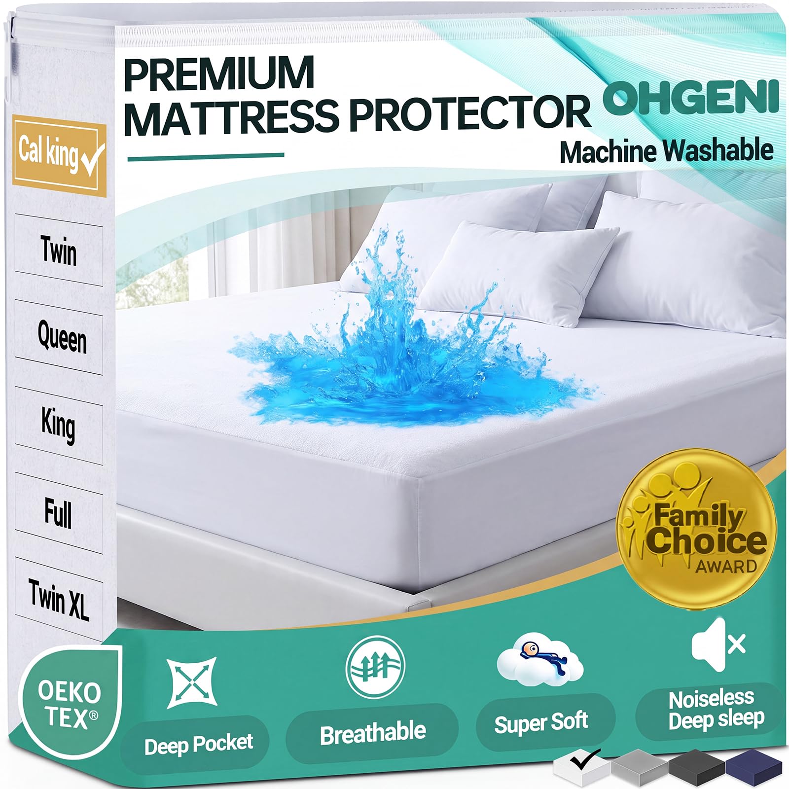 OhGeni Waterproof Mattress Protector, California King Size Mattress Pad Fitted with Deep Pocket 6"-18", Breathable Soft, Washable DirtProof Mattress Cover, White, More Than 99 pcs fibers, Daybed Cover