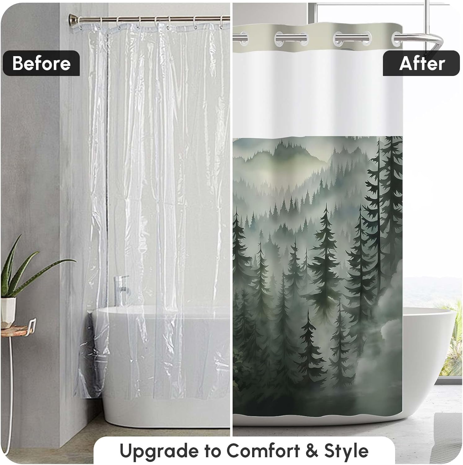 WELTRXE No Hook Shower Curtain, Dark Green Forest Mountain Shower Curtains for Bathroom Rustic Woodland Pine Tree Landscape Bath Decor Sets, Waterproof Polyester Fabric with Lined, Machine, 72x74