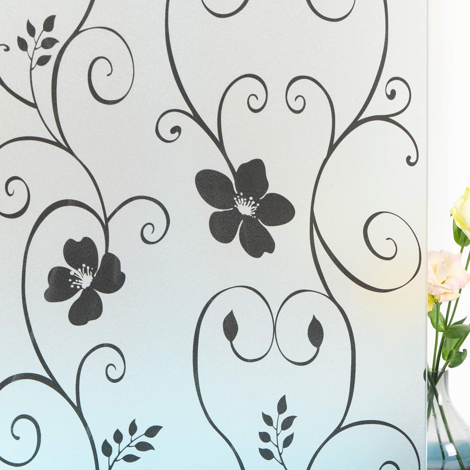 Decorative Window Film,Black Flower Static Cling Privacy Door Film, Non Adhesive Heat Control Anti UV Window Cling for Office and Home,17.5 inches by 78.7 inches