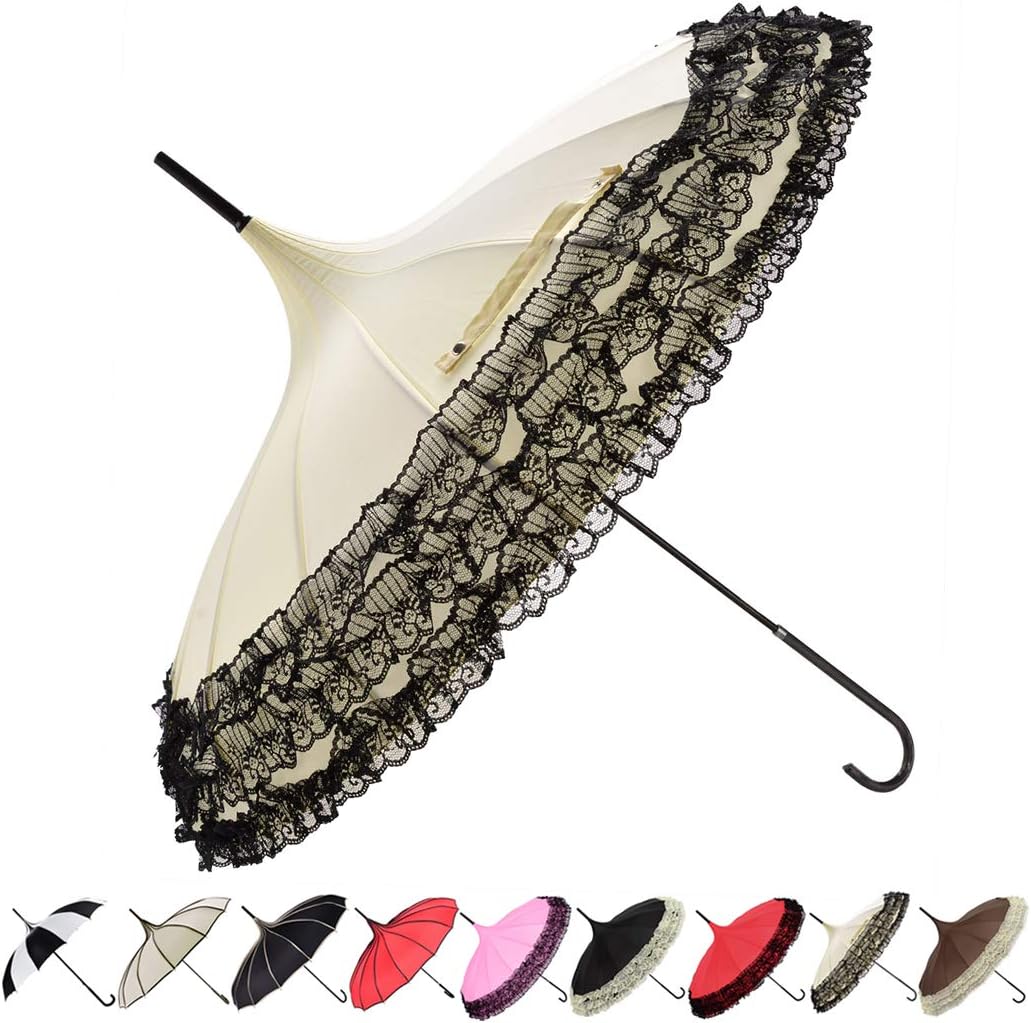 Outgeek Pagoda Umbrella Anti-Uv Parasol Sunproof Lace Trim with Hook Handle