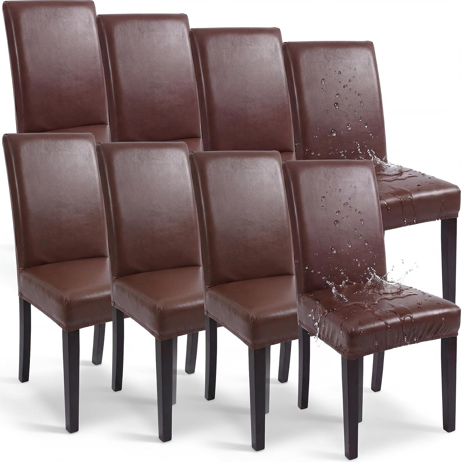 Moukeren Leather Chair Covers for Dining Chairs Set of 8, Waterproof Super Stretch Kitchen Chair Covers Thickened Washable Dining Chairs Slipcover Seat Cover for Kitchen, Banquet(Brown)