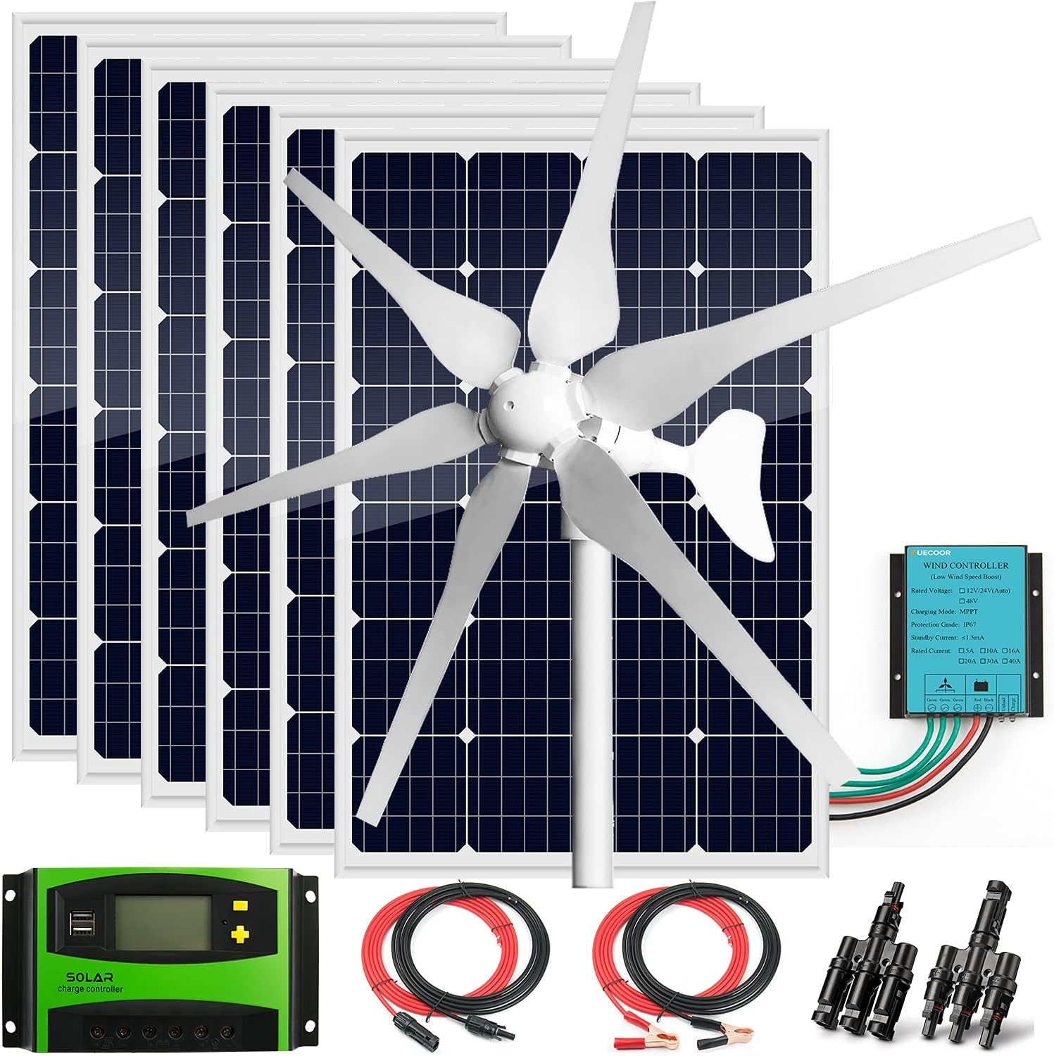 24 Volts 1120 Watts Solar Panel Wind Turbine Hybrid System Kit:6pcs 120W Glass Monocrystalline Solar Panel +400W Wind Turbine Generator+Accessories