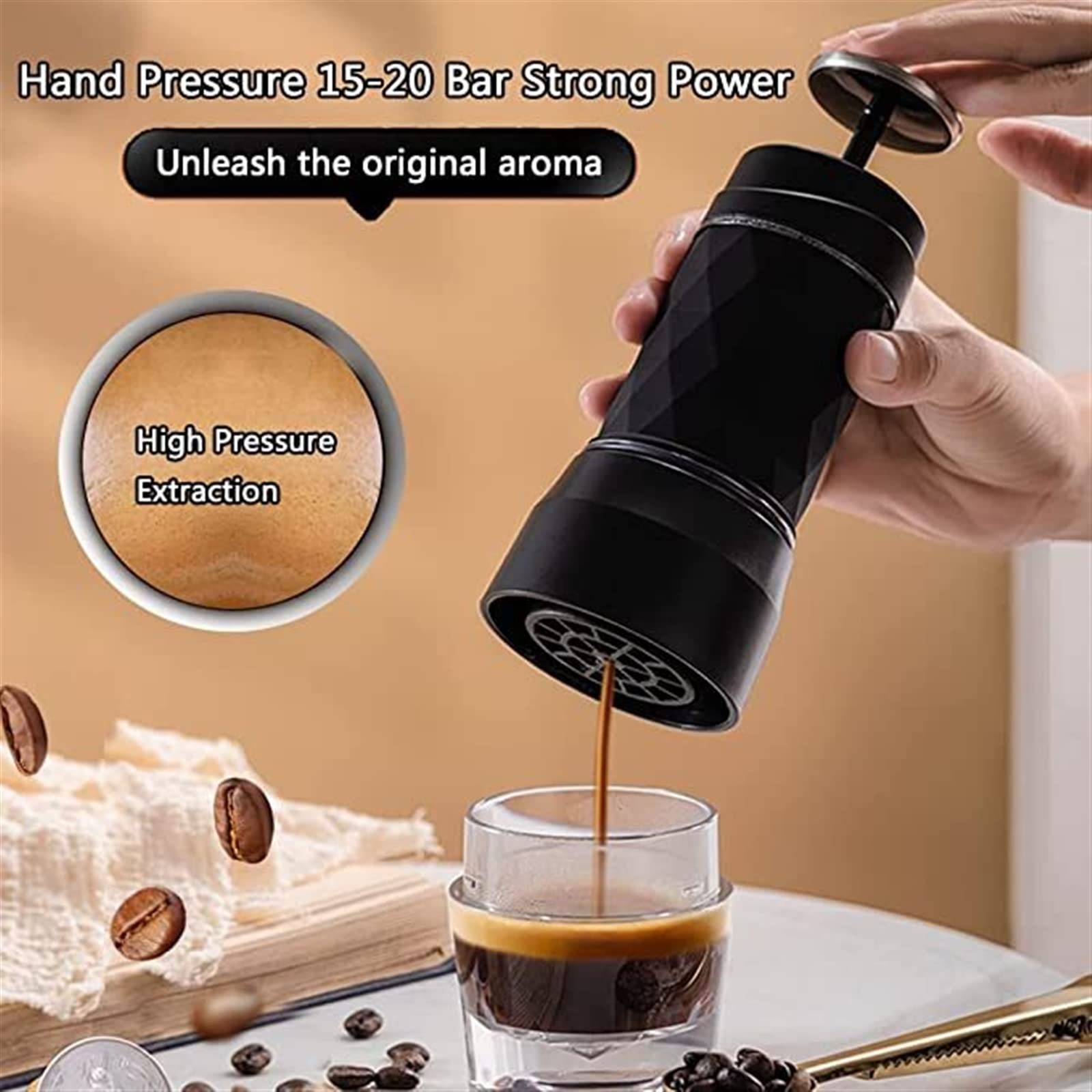 DieffematicKF Cafetera Cafetera portátil, máquina de café expreso, cápsula de Prensa Manual, cafetera de café molido, portátil para Viajes y Picnic (Color : Schwarz)