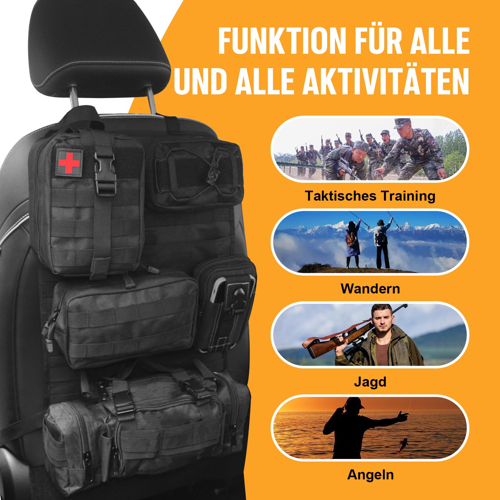 Universeller Molle Nylon Taktischer Autositz Organizer, Vordersitz Rückenlehnen-Aufbewahrungstasche, Rückenlehnenschutz mit 5 Taschen für alle Fahrzeuge