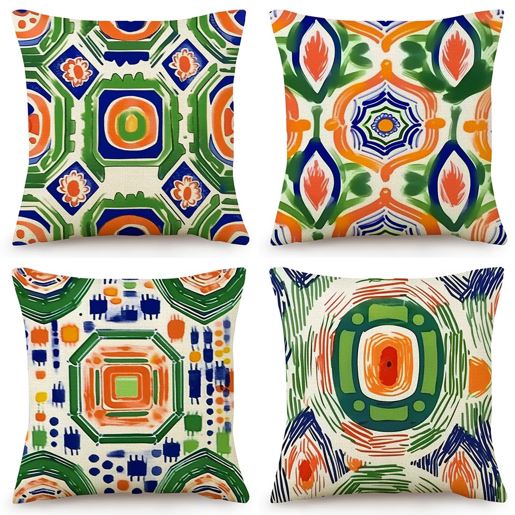 Housse coussin 60x60 géométrie aquarelle en lin lavable pour canapé
